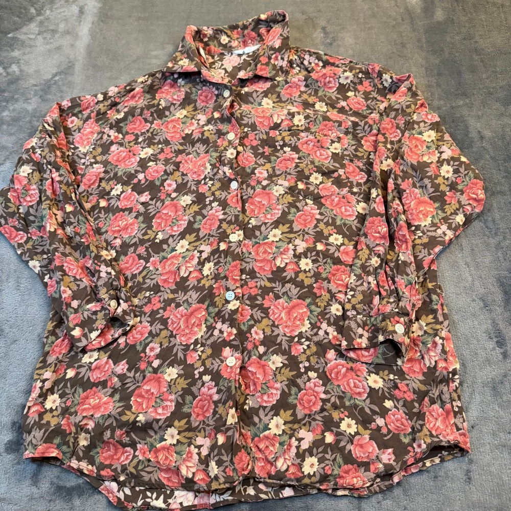 At Random Floral Button Down Shirt Womens Large Brown Rose Long Sleeve Pocket - Picture 3 of 9